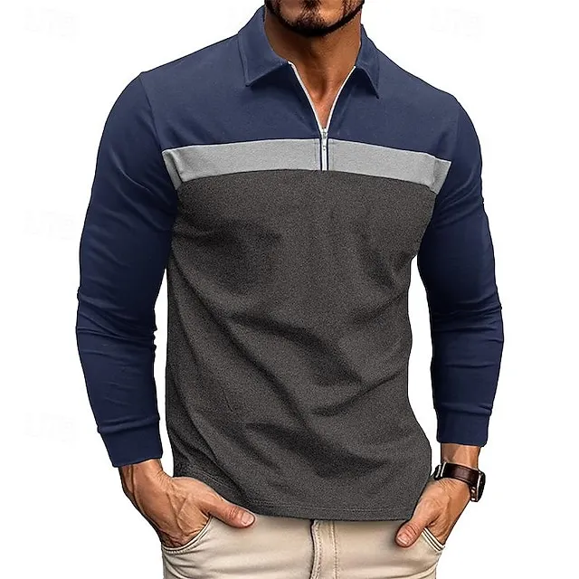 Men’s Quarter Zip Polo Golf Shirt Daily Holiday Quarter Zip Long Sleeve Fashion Modern Color Block Patchwork Spring & Fall Regular Fit White Wine Royal Blue Dark Grey Army Green Gray Quarter Zip Polo 1fb4b4be5eca968c977cc07e7167a53b