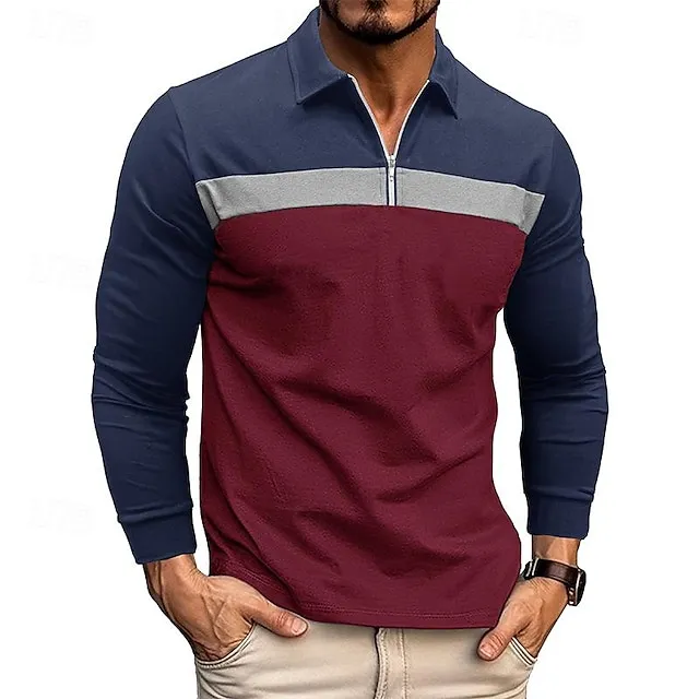 Men’s Quarter Zip Polo Golf Shirt Daily Holiday Quarter Zip Long Sleeve Fashion Modern Color Block Patchwork Spring & Fall Regular Fit White Wine Royal Blue Dark Grey Army Green Gray Quarter Zip Polo 22b80e0b6466054bdcc3b5a89ac5fa5e