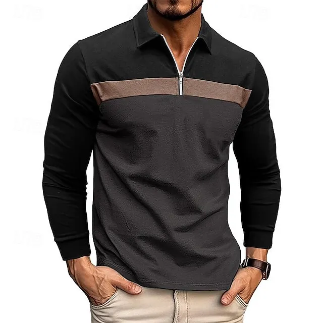 Men’s Quarter Zip Polo Golf Shirt Daily Holiday Quarter Zip Long Sleeve Fashion Modern Color Block Patchwork Spring & Fall Regular Fit White Wine Royal Blue Dark Grey Army Green Gray Quarter Zip Polo 8782aaa3ef69b8bbf9f78da0320972fe