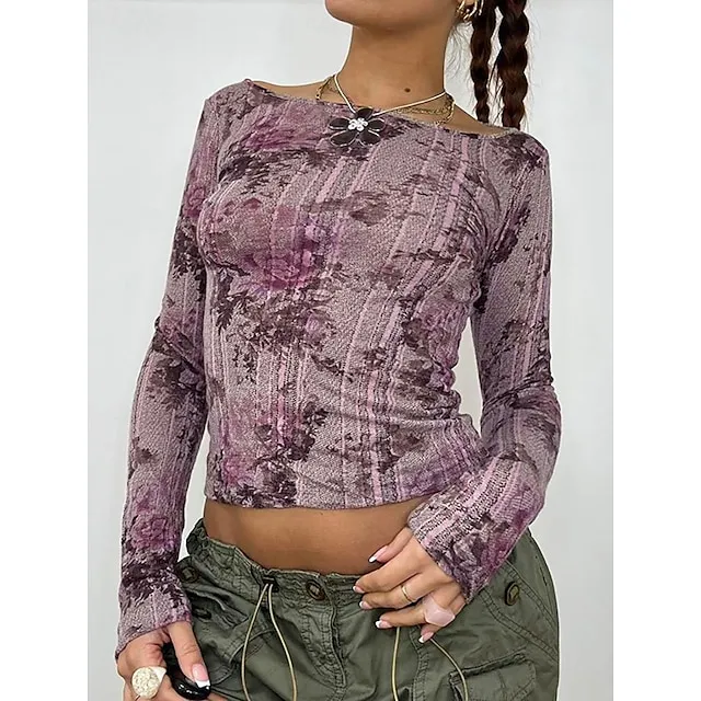 Women's Crop Tshirt Plants Casual Purple Print Long Sleeve Fashion Round Neck Slim Spring & Fall
