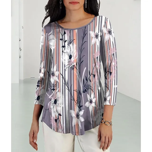 Women's T shirt Tee Floral Casual Holiday Pink Purple Green Print Long Sleeve Fashion Crew Neck Regular Fit Spring & Fall