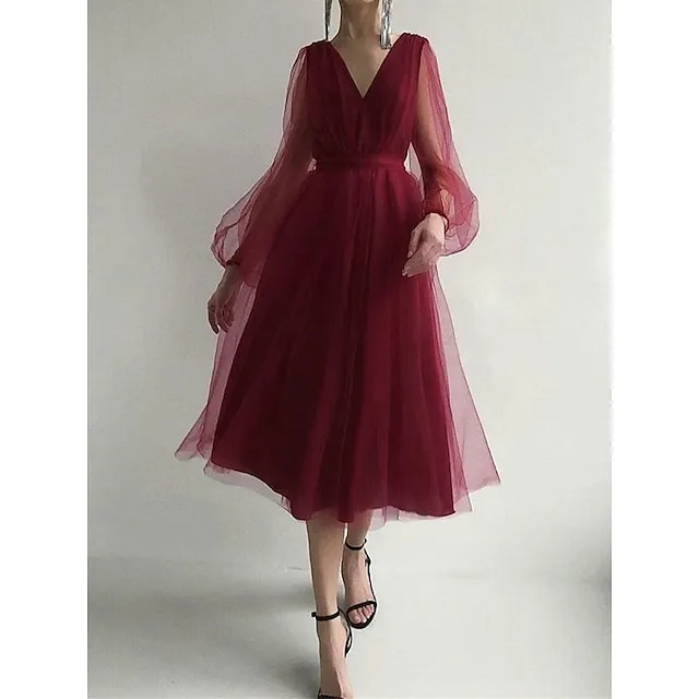 Women’s Black Dress Party Dress Cocktail Dress Midi Dress Black Pink Wine Long Sleeve Pure Color Mesh Fall Winter Autumn V Neck Fashion Winter Dress Wedding Guest Vacation 2023 S M L XL 19aa7125aeb44b0649590cbdcb1f9382