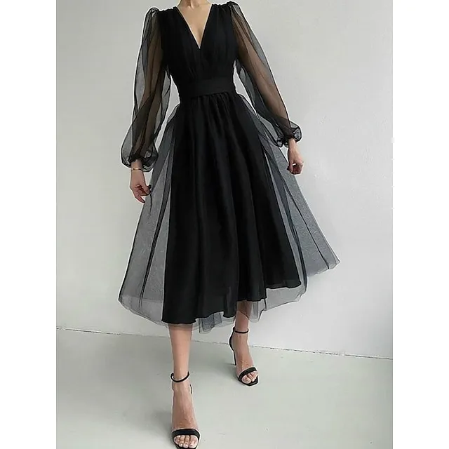 Women's Black Dress Party Dress Cocktail Dress Midi Dress Black Pink Wine Long Sleeve Pure Color Mesh Fall Winter Autumn V Neck Fashion Winter Dress Wedding Guest Vacation S M L XL