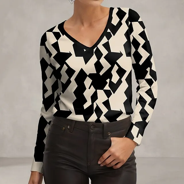 Women's T shirt Tee Geometric Casual Blue Purple Green Print Long Sleeve Fashion V Neck Regular Fit Spring & Fall