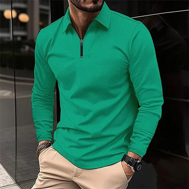 Men’s Waffle Polo Shirt Quarter Zip Polo Daily Holiday Quarter Zip Long Sleeve Fashion Modern Plain Spring & Fall Regular Fit Black White Yellow Blue Brown Green Waffle Polo Shirt b42144fe92d330e5a56cd5a18f1c242a
