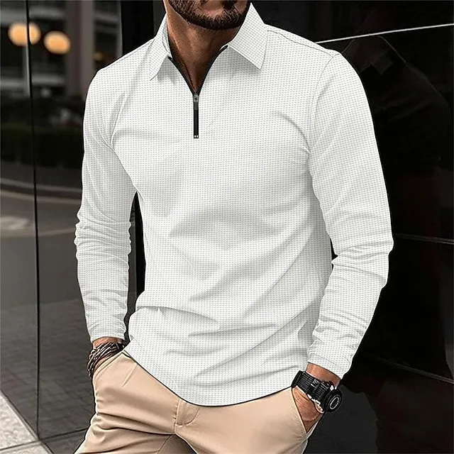 Men's Waffle Polo Shirt Quarter Zip Polo Daily Holiday Quarter Zip Long Sleeve Fashion Modern Plain Spring & Fall Regular Fit Black White Yellow Blue Brown Green Waffle Polo Shirt