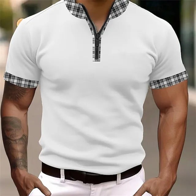 Men’s Polo Shirt Zip Polo Outdoor Sports Quarter Zip Short Sleeve Fashion Modern Plaid Color Block Zipper Summer Regular Fit White Navy Blue Polo Shirt 14f250bf8f1a6c18f491dd522dcc4bef