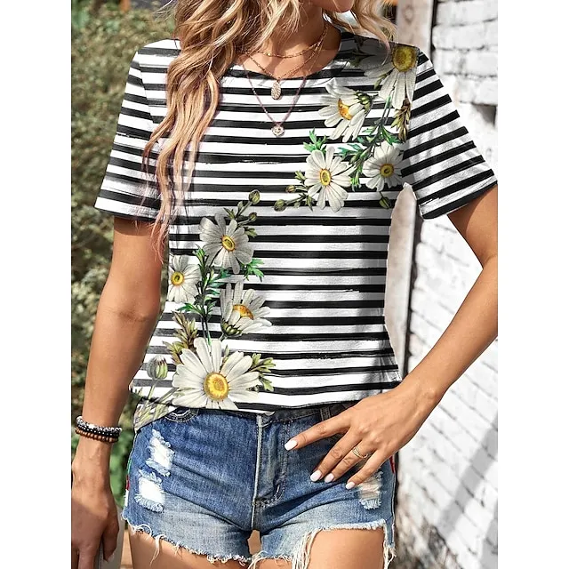 Women’s T shirt Tee Floral Striped Daily Weekend Black Print Short Sleeve Fashion Crew Neck Regular Fit Summer 7e20c7cf07715c782fa6533d1ed4124a