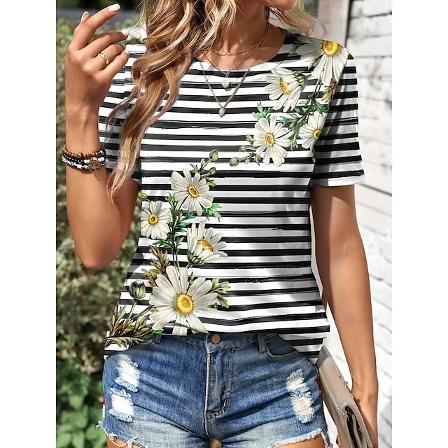 Women's T shirt Tee Floral Striped Daily Weekend Black Print Short Sleeve Fashion Crew Neck Regular Fit Summer