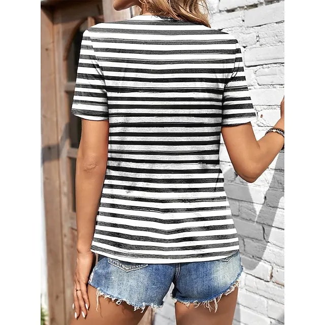 Women’s T shirt Tee Floral Striped Daily Weekend Black Print Short Sleeve Fashion Crew Neck Regular Fit Summer fc50444cbf58944b84514b90b30e7125