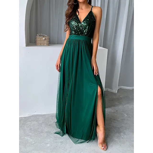 Women’s Sequin Dress Party Dress Cocktail Dress Long Dress Maxi Dress Champagne Wine Green Sleeveless Plain Sequins Spring Fall Winter Spaghetti Strap Party Winter Dress Wedding Guest Birthday XS S M 1c8a39c1050876b547a76ea04845cde6
