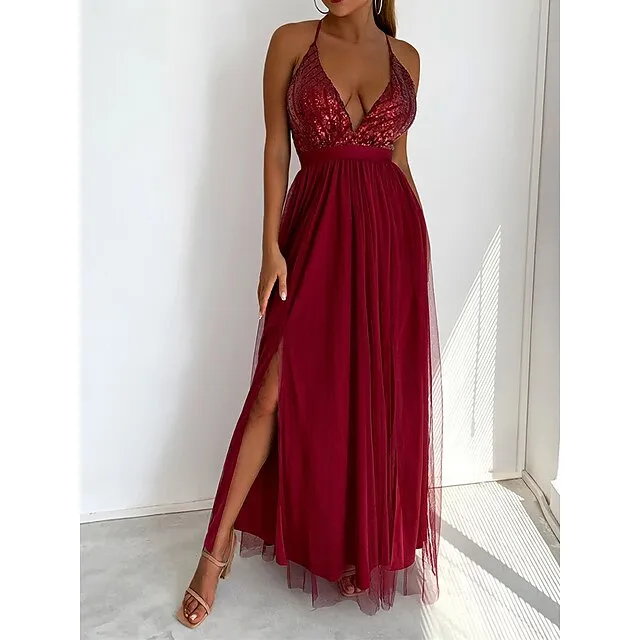 Women’s Sequin Dress Party Dress Cocktail Dress Long Dress Maxi Dress Champagne Wine Green Sleeveless Plain Sequins Spring Fall Winter Spaghetti Strap Party Winter Dress Wedding Guest Birthday XS S M 84cdea2520c96a228e3fc330204ac7d1