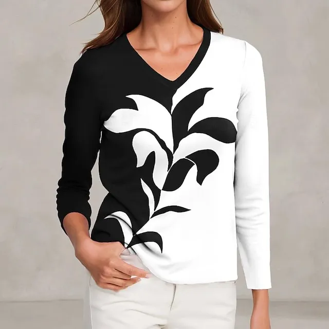 Women's T shirt Tee Floral Color Block Casual Holiday Black Pink Blue Print Long Sleeve Fashion V Neck Regular Fit Spring & Fall