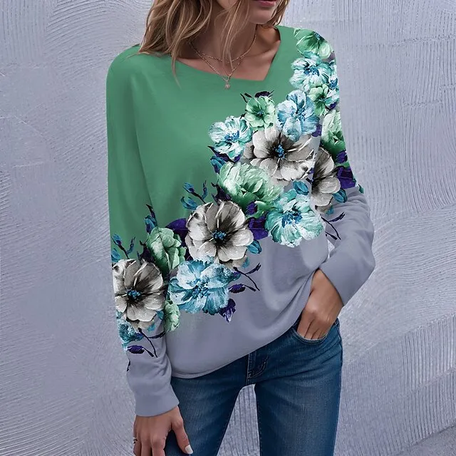Women’s T shirt Tee Floral Casual Holiday Pink Blue Purple Print Long Sleeve Fashion V Neck Regular Fit Spring & Fall 0741f4bfe7d9a5dbdb306cfa45b5af95