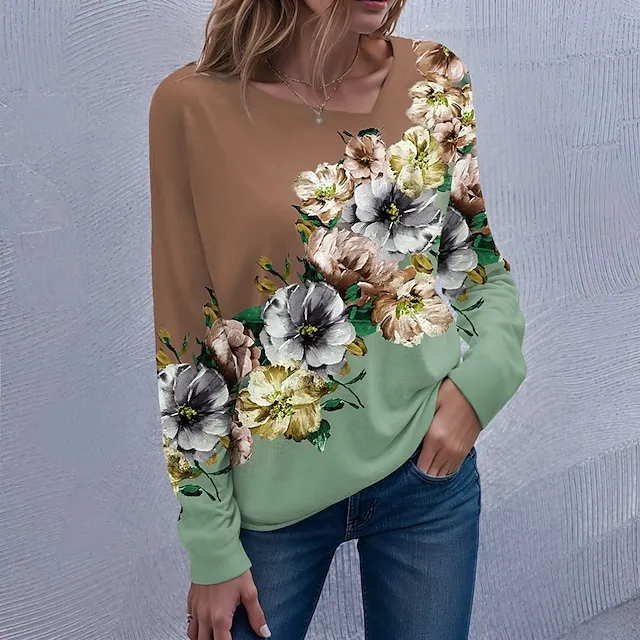 Women’s T shirt Tee Floral Casual Holiday Pink Blue Purple Print Long Sleeve Fashion V Neck Regular Fit Spring & Fall 355dce249c3d932558961c8138e17033
