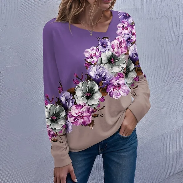 Women’s T shirt Tee Floral Casual Holiday Pink Blue Purple Print Long Sleeve Fashion V Neck Regular Fit Spring & Fall 3bbabcb05f54763017ead71c1666481f