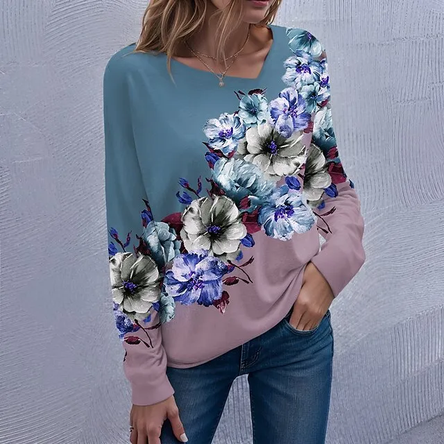 Women’s T shirt Tee Floral Casual Holiday Pink Blue Purple Print Long Sleeve Fashion V Neck Regular Fit Spring & Fall 9bea36e7ee506d761a1de26360b77db2