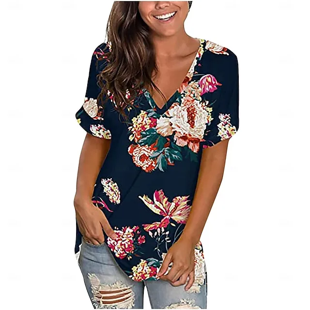 Women’s T shirt Tee Floral Casual Holiday Black White Ivory Print Short Sleeve Fashion V Neck Regular Fit Spring & Summer 2ad6faf8ef0670bead8a5d3ba02c6453