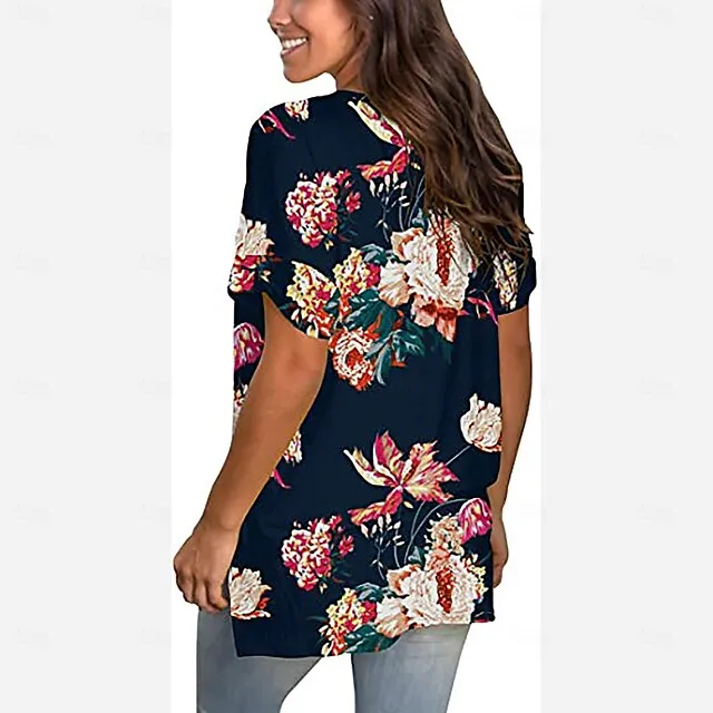 Women’s T shirt Tee Floral Casual Holiday Black White Ivory Print Short Sleeve Fashion V Neck Regular Fit Spring & Summer 2cf7b3d8ca90977c1cf185cafd7f2c9a