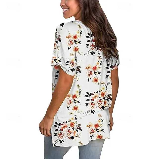 Women’s T shirt Tee Floral Casual Holiday Black White Ivory Print Short Sleeve Fashion V Neck Regular Fit Spring & Summer e31c5bafeebbc301ede9f719c017419c
