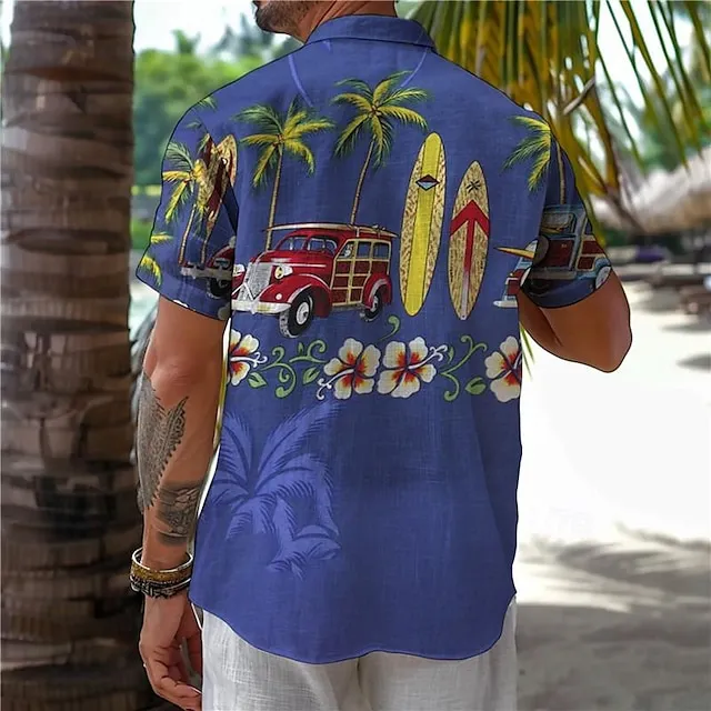 Palm Tree Bus Men’s Resort Hawaiian 3D Printed Shirt Outdoor Vacation Beach Summer Turndown Short Sleeve Blue Green S M L Shirt 4a8fb1f1aa39349869d5bbc32ee8f20b