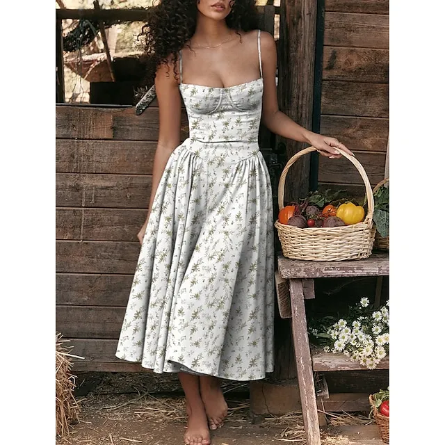 Women's Party Dress Cocktail Dress Wedding Guest Dress Midi Dress Red Blue Green Sleeveless Floral Print Summer Spring Fall Spaghetti Strap Elegant Wedding Guest Vacation Spring Dress S M L XL