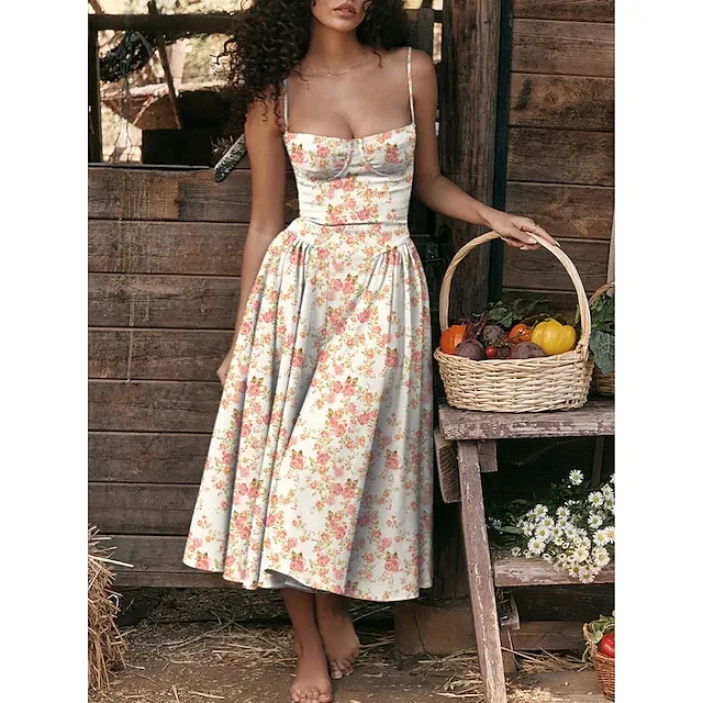 Women’s Party Dress Cocktail Dress Wedding Guest Dress Midi Dress Red Blue Green Sleeveless Floral Print Summer Spring Fall Spaghetti Strap Elegant Wedding Guest Vacation Spring Dress S M L XL b3a2e89170564950ee376bb74a64c4fd