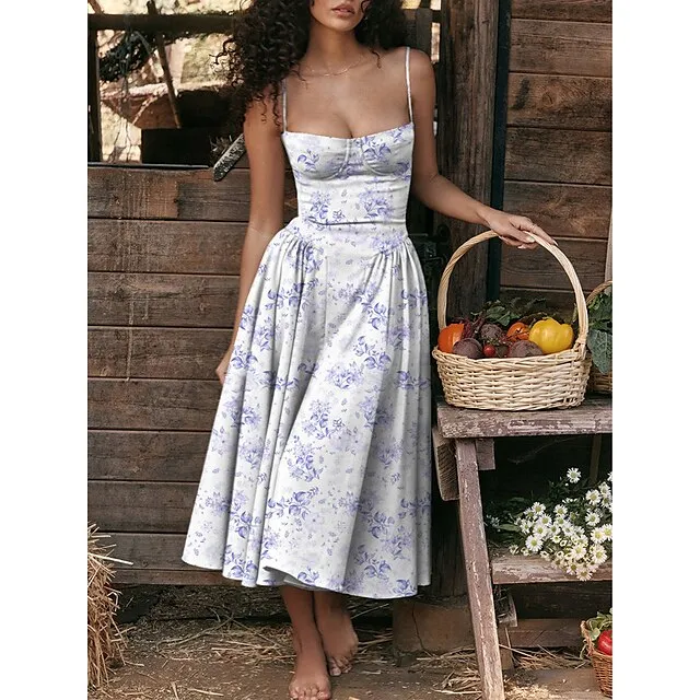 Women’s Party Dress Cocktail Dress Wedding Guest Dress Midi Dress Red Blue Green Sleeveless Floral Print Summer Spring Fall Spaghetti Strap Elegant Wedding Guest Vacation Spring Dress S M L XL d9a055c1e95cb00096a620a679f71975