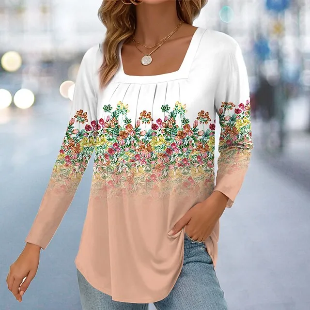 Women's T shirt Tee Floral Casual Holiday Yellow Pink Blue Print Long Sleeve Fashion Square Neck Regular Fit Spring & Fall