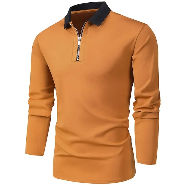 Men's Polo Shirt Zip Polo Casual Holiday Lapel Quarter Zip Long Sleeve Fashion Basic Color Block Quarter Zip Summer Spring Regular Fit Black Orange Military Green Polo Shirt