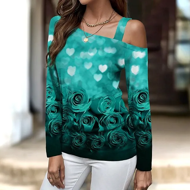 Women’s T shirt Tee Heart Rose Floral Casual Going out Pink Red Blue Print Long Sleeve Fashion One Shoulder Off Shoulder Regular Fit Spring & Fall 07d39ea3785c61051f5aea20fe54a7c8