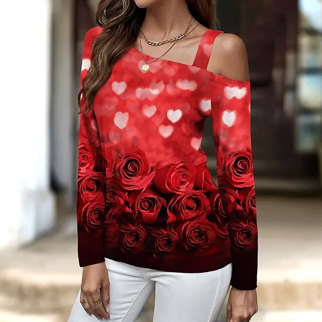 Women's T shirt Tee Heart Rose Floral Casual Going out Pink Red Blue Print Long Sleeve Fashion One Shoulder Off Shoulder Regular Fit Spring & Fall