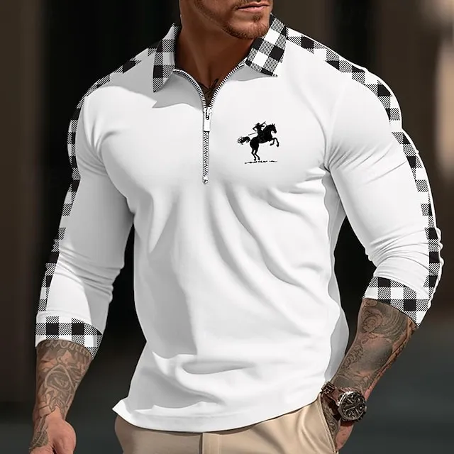 Men's Polo Shirt Quarter Zip Polo Daily Wear Vacation Lapel Long Sleeve Fashion Comfortable Plaid Color Block Embroidery Zip Up Spring & Fall Regular Fit White Yellow Navy Blue Blue Polo Shirt