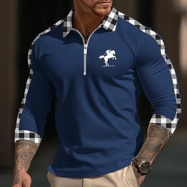 Men’s Polo Shirt Quarter Zip Polo Daily Wear Vacation Lapel Long Sleeve Fashion Comfortable Plaid Color Block Embroidery Zip Up Spring & Fall Regular Fit White Yellow Navy Blue Blue Polo Shirt 4311a9d5326b752e1a56c541817bf022