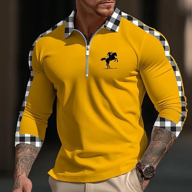 Men’s Polo Shirt Quarter Zip Polo Daily Wear Vacation Lapel Long Sleeve Fashion Comfortable Plaid Color Block Embroidery Zip Up Spring & Fall Regular Fit White Yellow Navy Blue Blue Polo Shirt cabcfd3de2799f3a0ce9ec4b0f588d0a