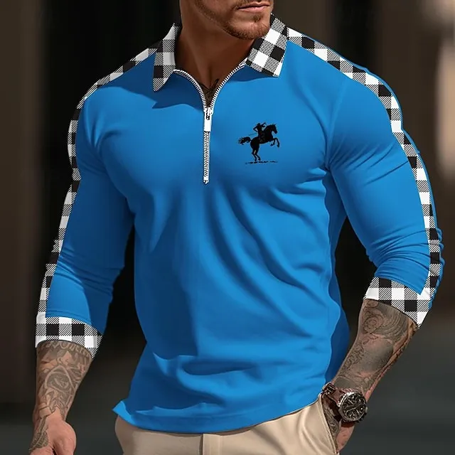 Men’s Polo Shirt Quarter Zip Polo Daily Wear Vacation Lapel Long Sleeve Fashion Comfortable Plaid Color Block Embroidery Zip Up Spring & Fall Regular Fit White Yellow Navy Blue Blue Polo Shirt fd2cb3d23d555c01c4156b652d93b284