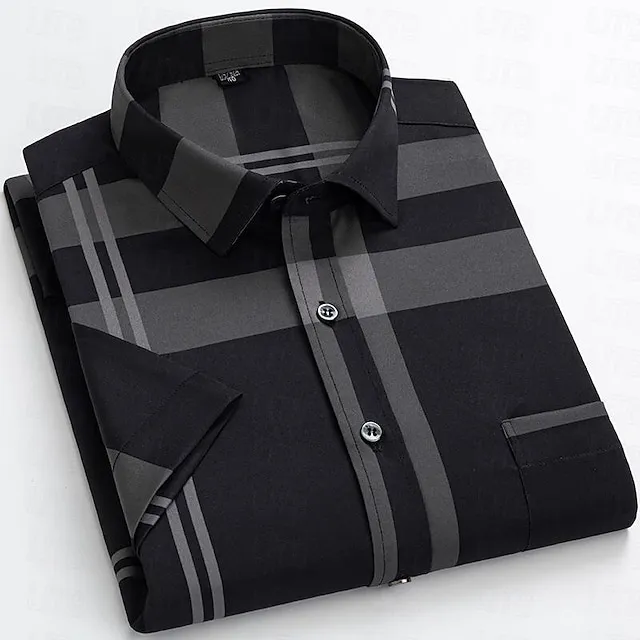 Men’s Shirt Dress Shirt Button Up Shirt Black White Wine Short Sleeve Plaid Turndown Summer Wedding Daily Clothing Apparel Pocket fb13b17d90eb77442bcee04cc1a7b2f1