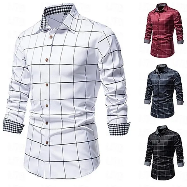 Men's Shirt Dress Shirt Button Up Shirt Black White Wine Long Sleeve Plaid Turndown Spring & Fall Wedding Daily Clothing Apparel Button-Down db69ac09a15db533292d4f9d029a5010