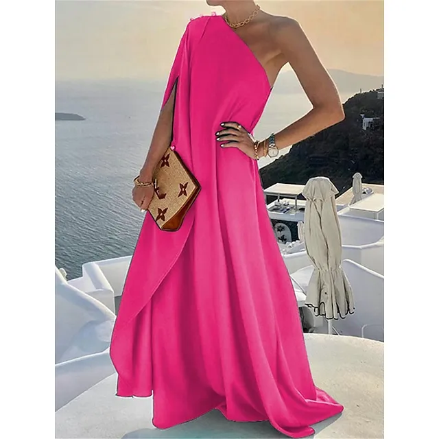 Women's Prom Dress Party Dress Wedding Guest Dress Long Dress Maxi Dress Black Yellow Pink 3/4 Length Sleeve Floral Patchwork Summer Spring Fall One Shoulder Elegant Wedding Guest Evening Party