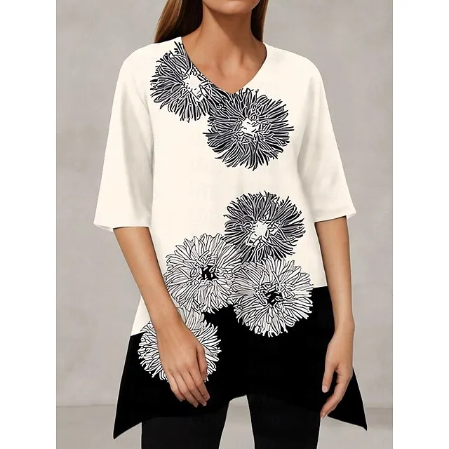 Women's T shirt Tee Floral Casual Holiday White Print Half Sleeve Fashion V Neck Regular Fit Spring & Summer