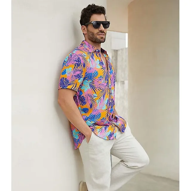Leaf Tropical Hawaiian Fashion Casual Men's Shirt Button Up Shirt Casual Shirt Daily Hawaiian Vacation Summer Lapel Short Sleeve Purple S, M, L Rayon 100% Cotton Shirt