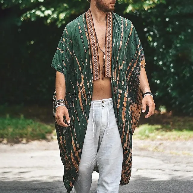Men's Coat Cloak / Capes Daily Vacation Breathable Summer Graphic Bohemian Fashion Ethnic Collar Long Green Jacket
