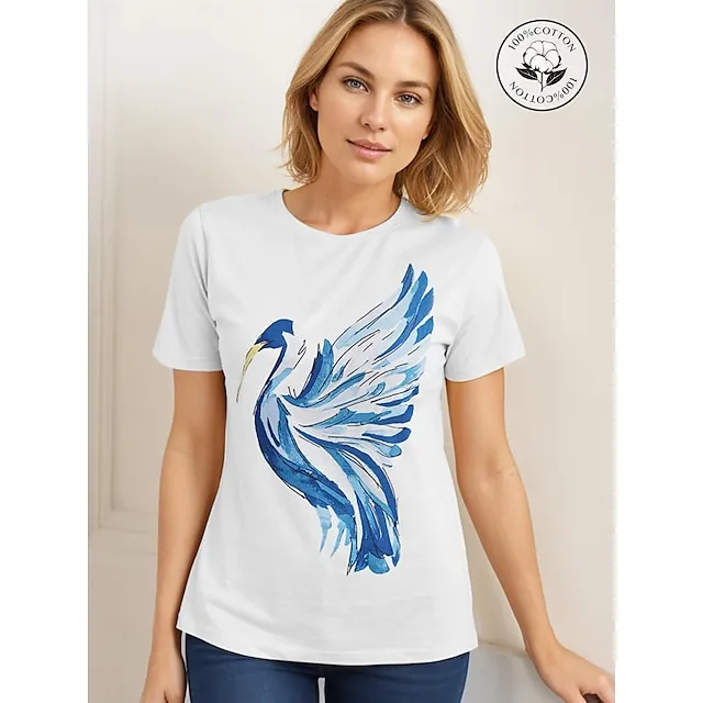 100% Cotton Bird Daily Weekend White Print Short Sleeve T shirt