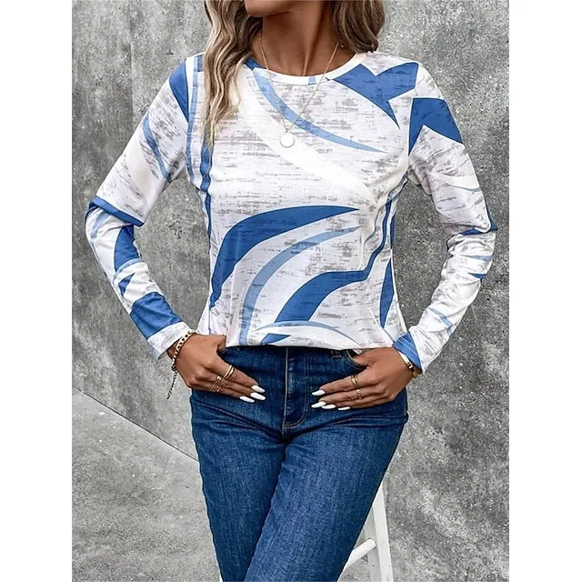 Women's T shirt Tee Graphic Daily Weekend Blue Print Long Sleeve Fashion Round Neck Regular Fit Spring & Fall