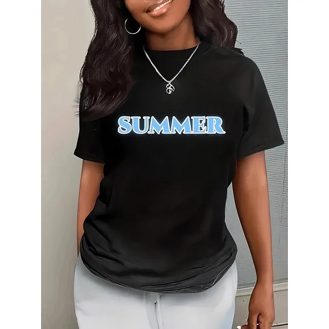 Women's T shirt Tee Letter Casual Red Sky Blue Rainbow Short Sleeve Fashion Crew Neck Regular Fit Spring & Summer