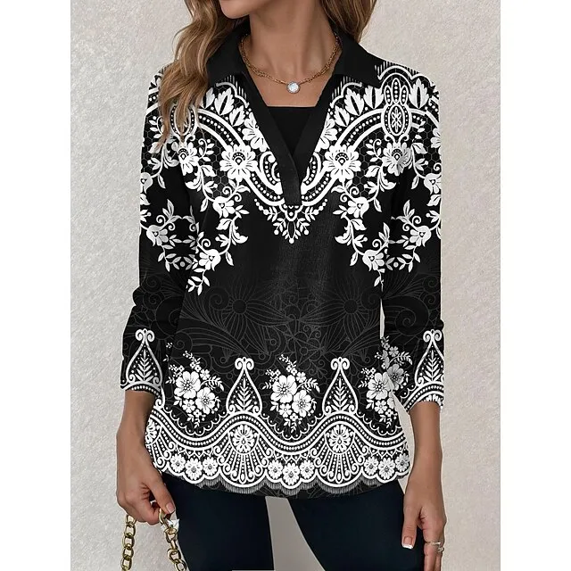 Women's T shirt Tee Floral Casual Holiday Black Blue Purple Print Long Sleeve Fashion Shirt Collar Regular Fit Spring & Fall