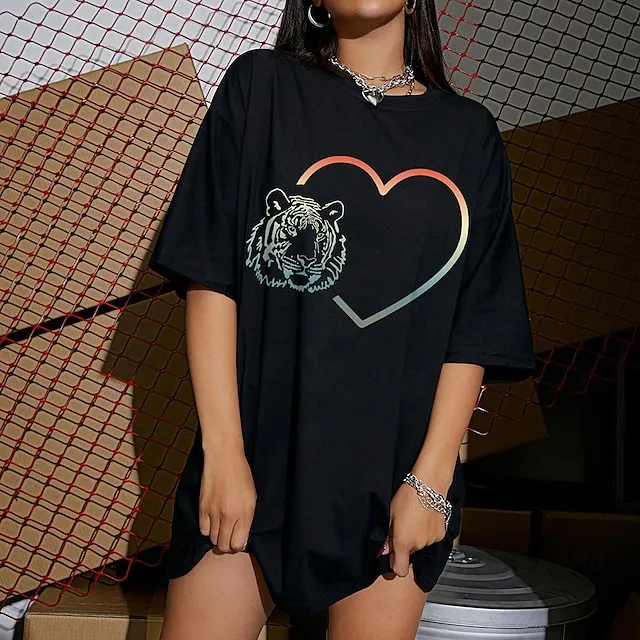 Women's T shirt Tee Heart Animal Holiday Going out Black Print Short Sleeve Fashion Round Neck Regular Fit Spring & Summer