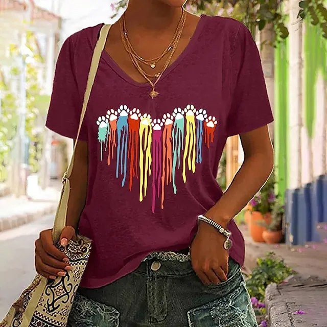 Women's T shirt Tee Heart Casual Going out Black Wine Print Short Sleeve Fashion V Neck Regular Fit Summer