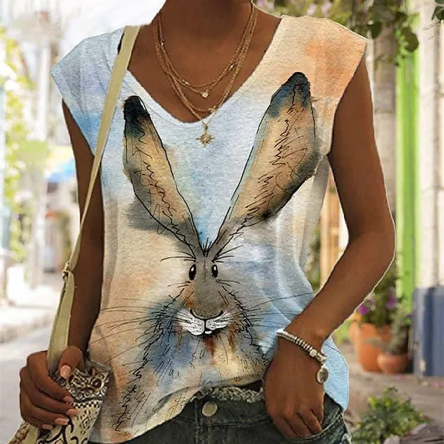 Women's T shirt Tee Animal Weekend Easter White Yellow Pink Print Half-Sleeve Fashion V Neck Regular Fit Summer