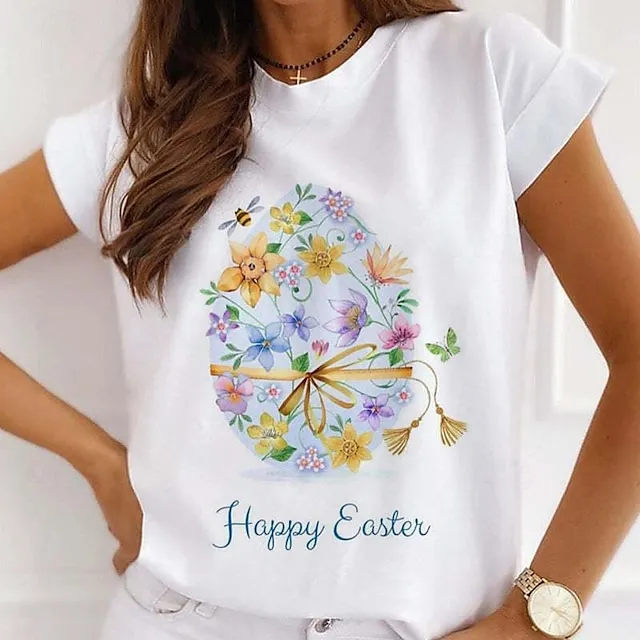 Women's T shirt Tee Cotton Graphic Weekend Easter White Yellow Pink Print Short Sleeve Fashion Round Neck Regular Fit Summer